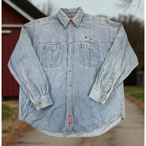 VTG Marlboro Denim Shirt Men Sz M Duck Embroidered Pockets Faded Cowboy Outdoor